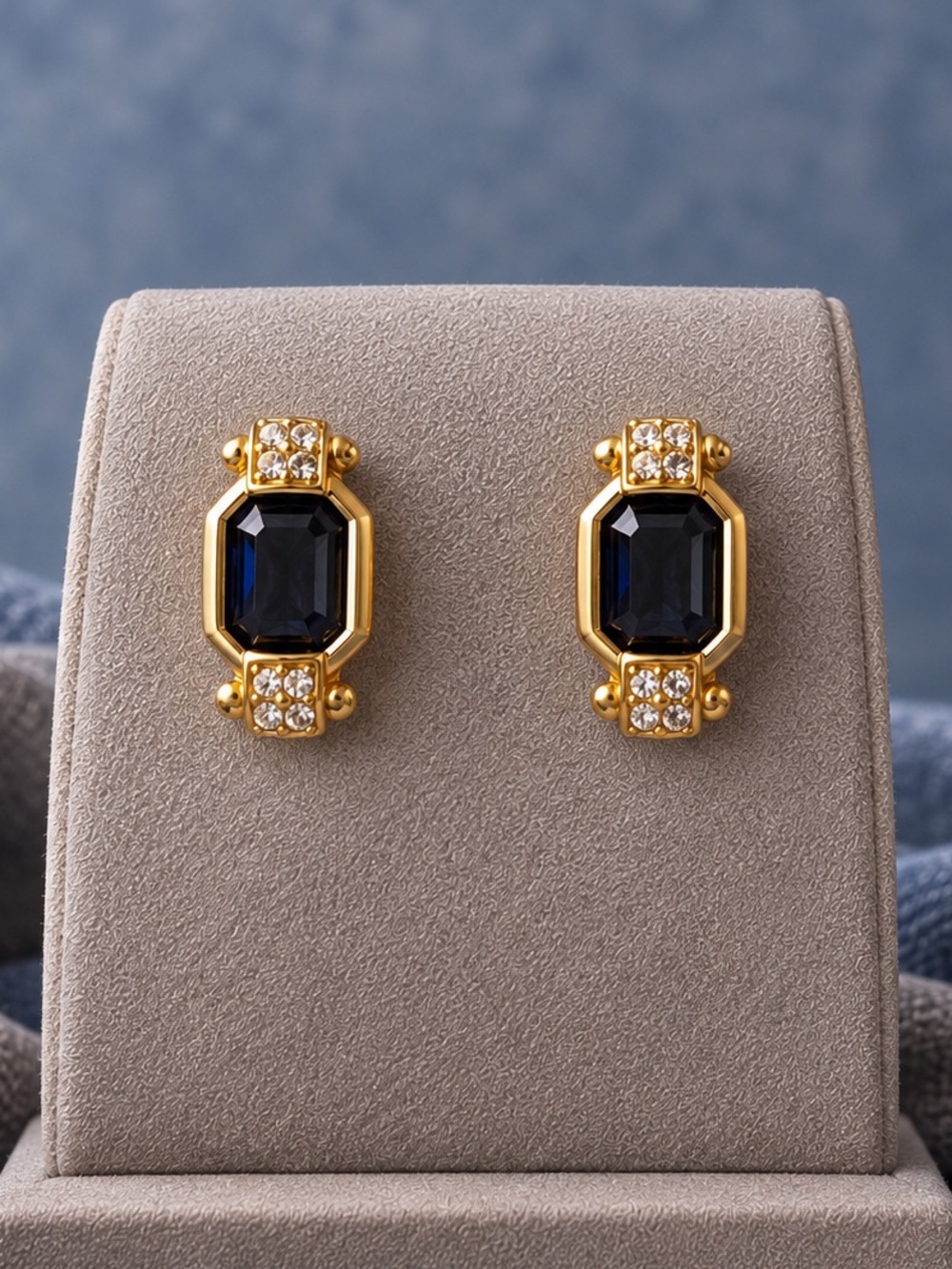 Swarovski Swan Dark Navy Blue Crystal Gold-Tone Post Earrings 1 Inch